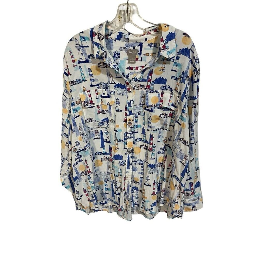 Chico's Women's Size 4 (20/22) Lighthouse Soft Long Sleeve Button Up Blouse
